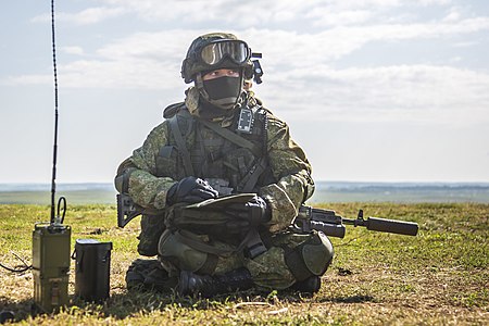 Russian soldier during Peace Mission 2018 wearing 6B47 helmet with 6B50 glasses