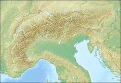 Mapa konturowa Alp, po lewej znajduje się czarny trójkącik z opisem „Mont Mirantin”