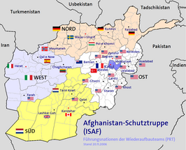 De verdeling van de verschillende ISAF-contingenten in Afghanistan zoals in november 2006.