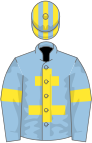 Soft blue, yellow cross of lorraine, soft blue sleeves, yellow armlets, yellow cap, soft blue striped