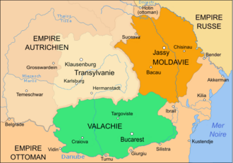 carte de la région à l'ouest de la mer Noire montrant les trois provinces de Transylvanie, Moldavie et Valachie.