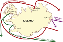 Carte de l'Islande, indiquant les différentes expéditions pour s'installer en Islande.