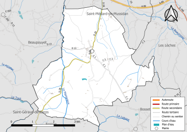 Carte en couleur présentant le réseau hydrographique de la commune