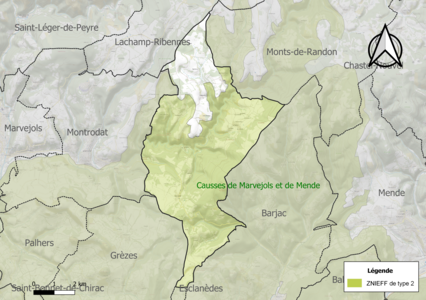 Carte de la ZNIEFF de type 2 sur la commune.