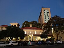 This is a photograph of the Spanish Mission Revival-style Hartley Building of the Adelaide Teachers College and its successor the South Australian College of Advanced Education, later part of the University of Adelaide.