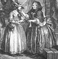 Image 8A detail from plate 1 of William Hogarth's (1697–1764) The Harlot's Progress, showing brothel-keeper Elizabeth Needham, on the right, procuring a young woman who has just arrived in London (from Prostitution)