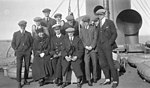 Representing Canada, the Winnipeg Falcons (pictured en route to the 1920 Summer Olympics) were the first Olympic champions in ice hockey.