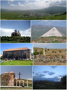 Aparan toun landmarks Panorama o Aparan wi Munt Aragats on the richt Memorial tae the Battle o Abaran • Mausoleum o General Dro Aparan Basilica • the Alphabet pairk an the statue o Mkhitar Gosh