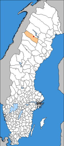 Sorsele kommune, med byen Sorsele markeret.