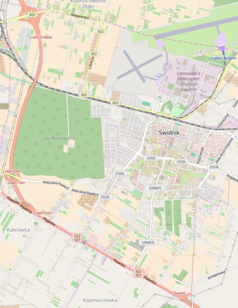 Mapa konturowa Świdnika, blisko centrum na prawo u góry znajduje się punkt z opisem „Świdnik Miasto”