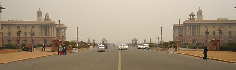 The Secretariat Building, with North Block (left) and South Block (right), view looking towards India Gate in the east.