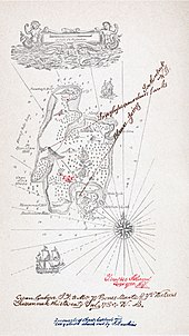 Carte d'île dessinée en noir et blanc, avec trois croix rouges marquant l'emplacement du trésor