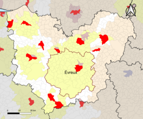 Localisation de l'aire d'attraction d'Évreux dans le département de l'Eure.