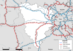 Carte du réseau routier national (autoroutes et routes nationales) dans le département des Yvelines