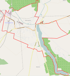 Mapa konturowa Rogoźna, blisko centrum u góry znajduje się punkt z opisem „Kościół św. Wita w Rogoźnie”