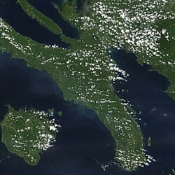 Bondoc Peninsula seen from space with Marinduque presented on the left and Bicol on the right.