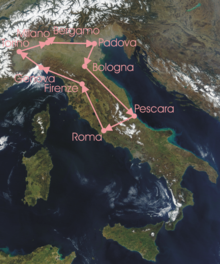 Overview of the stages: route clockwise from Milan, down to Pescara, over to Rome, and up to Bergamo