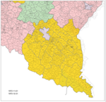 Podział administracyjny powiatu bieszczadzkiego (kolor żółty), dzień po zniesieniu powiatu ustrzyckiego (1972-11-01)