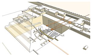 Vue en perspective des infrastructures de la pyramide de Djéser (période pharaonique ; en vert, la galerie d'époque saïte et en jaune, la galerie d'époque romaine)