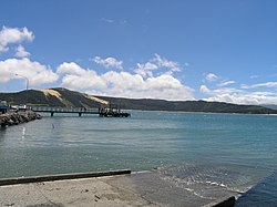 A fish-eye photograph of Opononi Wharf