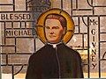 A stained glass window of Blessed Michael McGivney, founder of the Knights of Columbus