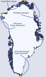 Nordøstrundingen unter den Extrempunkten von Grönland