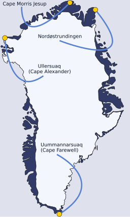 Cape Morris Jesup utprickat på en Grönlandskarta.