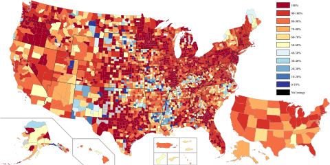 Percentage of NRHP sites illustrated, by county. See Wikipedia:WikiProject National Register of Historic Places/Progress.