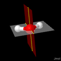 Two translucent planes illustrating symmetry planes for the water molecule.