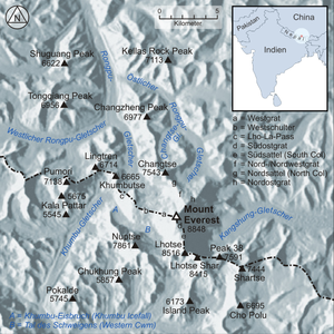 Der Rongpu-Gletscher, sowie der Westliche und Östliche Rongpu-Gletscher in der Region des Mount Everest