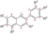 Anthocyanin, a red to blue dye depending on functional groups and pH.