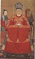 Noble lady wearing a round-collared jacket as upper garment and a skirt as lower garment (front) Lady-in-waiting wearing a short-sleeved round collar jacket with a skirt (left), Ming dynasty.