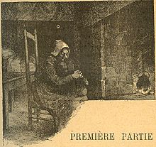 Gravure d’une femme pauvrement vêtue assise sur une chaise devant une cheminée, les mains jointes et le regard baissé.