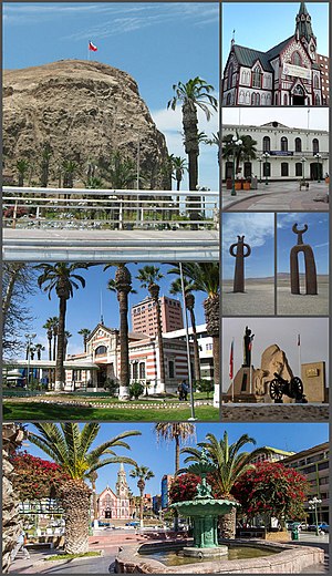 Clockwise, from top: Morro de Arica; Arica Cathedral; station of the Arica-La Paz railway; Casa de la Cultura de Arica; Presencias tutelares sculptures; Museum of History and Weapon; Plaza Colón