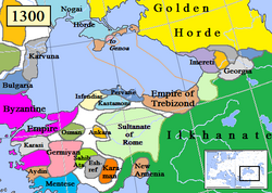 Kekaisaran Trebizond (Coklat muda) dan negara-negara sekitarnya tahun 1300.