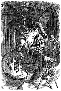 Minh họa Jabberwock của John Tenniel cho cuốn Alice ở xứ sở trong gương của Lewis Carroll, cho thấy con rồng là một giáo sư bị cận thị.[18]