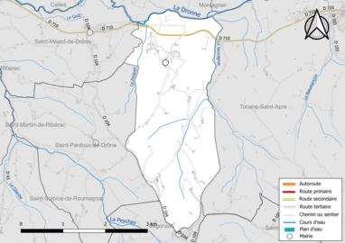 Carte en couleur présentant le réseau hydrographique de la commune