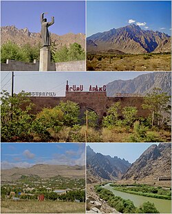 From top left: War Memorial • Mount Kumtal Araks Caravanserai • Town Panorama Araks river and Iran-Armenia Border