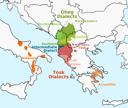 Mapa dels dialectes albanesos (gheg i tosc)