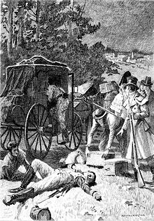 Illustration from 1897 edition of "Z. Marcas". A man in military dress lies on the ground while another man enters a horse-drawn carriage. A small crowd stands nearby.