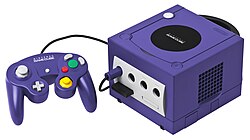 Indigo-colored GameCube wi controller an memory caird