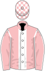 Pink, white stripe, pink sleeves, white seams, check cap