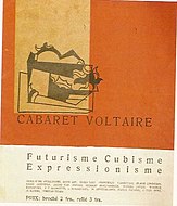 front-cover of the first publication (24 May 1916) of the periodical of Cabaret Voltaire, in Zurich - at the bottom the names of its Dada-artists; - quote of Huelsenbeck, 1920: 'Dada was founded in Zürich in the Spring of 1916 by Hugo Ball, Tristan Tzara, Jean Arp, Marcel Janco and Richard Huelsenbeck at the 'Cabaret Voltaire''