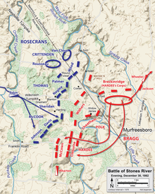 Les lignes colorées montrent les lignes de front où les Rosencrans rencontrent les Bragg.