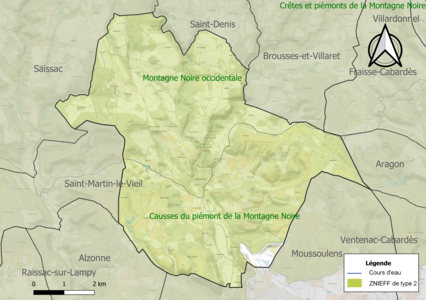 Carte des ZNIEFF de type 2 sur la commune.