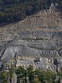 Oxfordian (Upper Jurassic) cyclic sediments at Péry-Reuchenette, near Tavannes, Bern canton, Switzerland. Alternating layers are limestone (light, more competent) and marl/clay; dominant cycle is the 200,000 year-cycle.