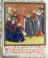 Jean II le Bon, roi de France (1350-1364), adoubant ses proches en tenue de cérémonie chevaliers le jour de son sacre (BNF ms. fr. 73, fol. 386).