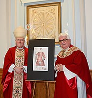 Bishop Richard J. Malone and Vic. Gen. Msgr. David S. Slubecky with the relics and the icon of Caesarius of Terracina, Cathedral of Buffalo (New York)