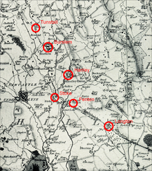 1775 century map of North Staffordshire highlighting the six towns of the Potteries.