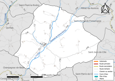 Carte en couleur présentant le réseau hydrographique de la commune